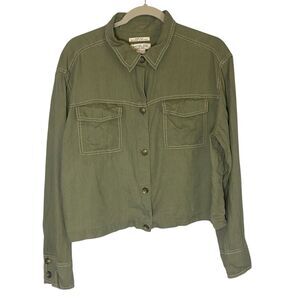 Rachel Zoe Linen Shirt Button Up Top Pockets European Grown Flax Green Size L